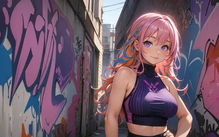 (best quality), masterpiece, extremely detailed CG uniform 8K illustration, high color, extremely high color saturation, all colors deepened, paint, graffiti art, side composition, extremely detailed light and shadow, graffiti wall, wall painted bright, 1 ...