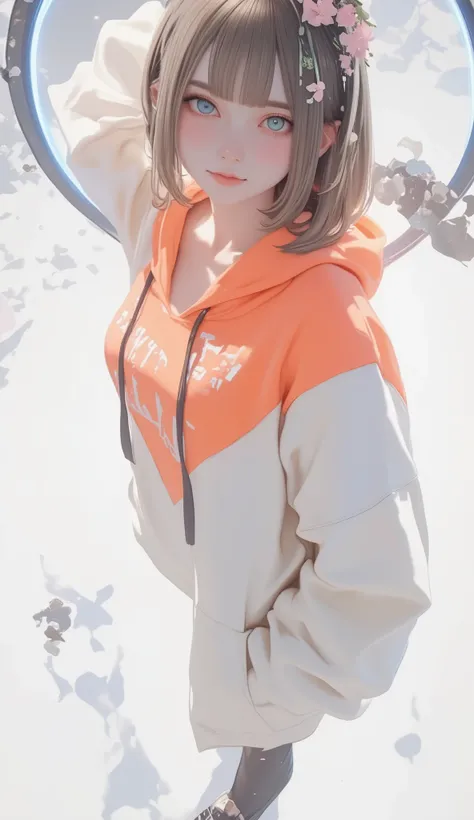 Fisheye Wide Angle  ,  high angle、profile、 Off-white and Orange Hoodie  , Fisheye Wide Angle  １ of Mori Gutterpunk women  , A giant circle of glowing marble angels、 bangs with lots of flowers 、 wearing leggings and trainers 、 very big breasts、 chest、 with ...