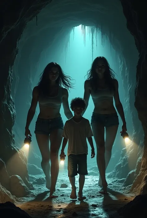  three people ,  two rude and overly muscular women who protect a weak black-haired man inside underground caves where there is hardly any light, The three of them are illuminating the surroundings with their flashlights 