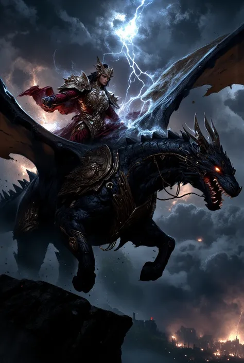 A ((chimera)) rider in armor in thunderstorm, riding on a fierce dragon flying through the sky.