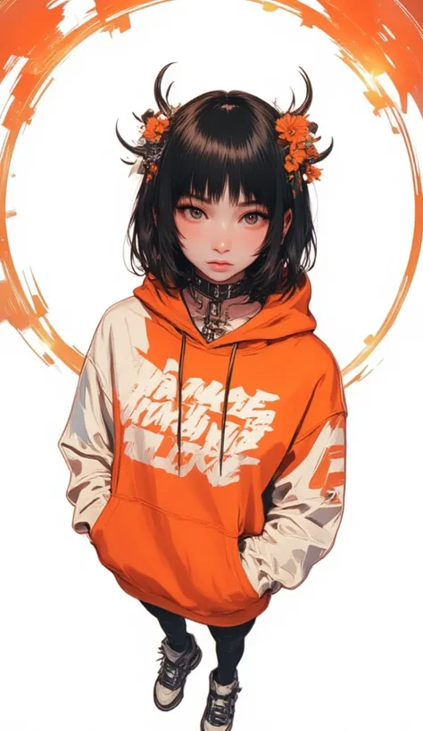 Fisheye Wide Angle  ,  high angle、profile、 Off-white and Orange Hoodie  , Fisheye Wide Angle  １ of Mori Gutterpunk women  , A giant circle of glowing marble angels、 bangs with lots of flowers 、 wearing leggings and trainers 、 big breasts、 chest、 with white...