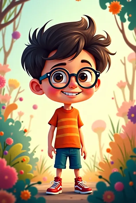 I want a cartoon of a boy with wavy hair and light brown skin, high, with glasses 