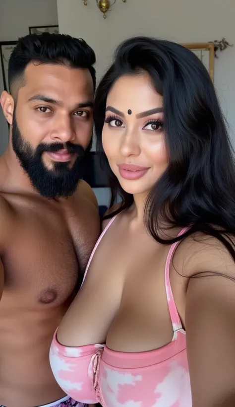 White skin woman with a white skin man, hot short indian white skin thick body curvy physique woman with small black dot bindhi between her eyebrow, long black hair, woman wearing multicoloured sports bra and underwear, in indian bedroom, ultra hd photo, 4...