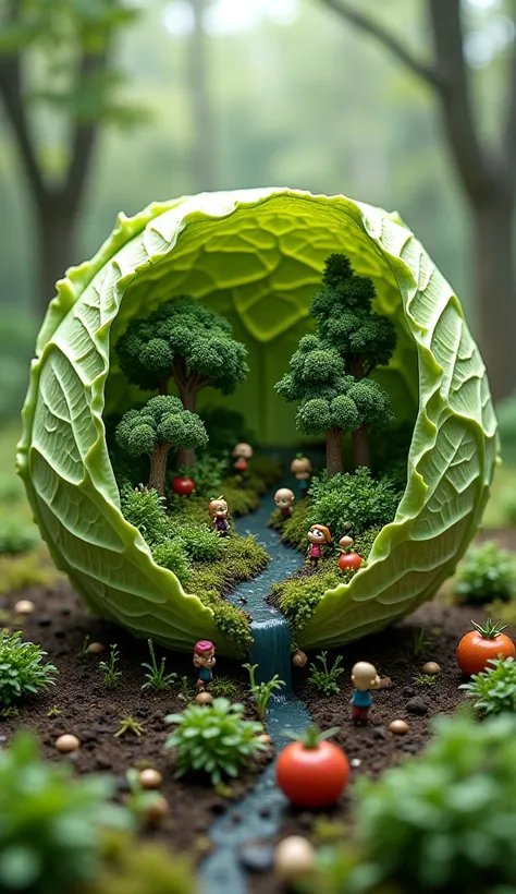 An open head of cabbage ,  expose a miniature forest inside.  There is a small river running ,  small trees in the shape of vegetables ,  and fairy characters are gathering .