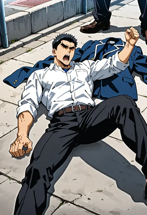 score_9, score_8_up, score_7_up, source_anime,1 boy bara, , school uniform,White shirt, Black pants, outdoor,BRAKE (Fistfight with a faceless man),shouting,(faceless Man lying on the ground),male on bottom,Manga Style