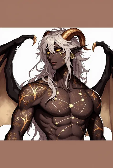 1 man, Alone,  very long hair,  yellow eyes ,  Pointy ears,  high resolution,  white hair, straight hair, Horns, face paint,  dark brown skin , golden tattoos,  half human half dragon,  athletic physique , calm expression, Dragon wings, feline pupils 