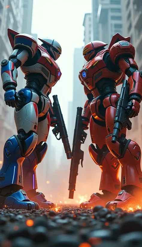 A dramatic futuristic battle between two powerful war robots, one representing the United States and the other representing Russia. The American robot is sleek and high-tech, featuring a red, blue, and white metallic body with glowing blue energy lines. It...