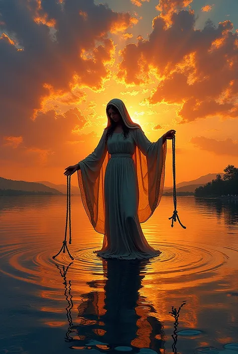 " The Virgin in an impressionistic sunset "
A sunset in the style of Monet ,  with the Virgin in silhouette untying knots on a lake that reflects the colors of the sky.  The knots turn into waves in the water ,  expanding into eternity .