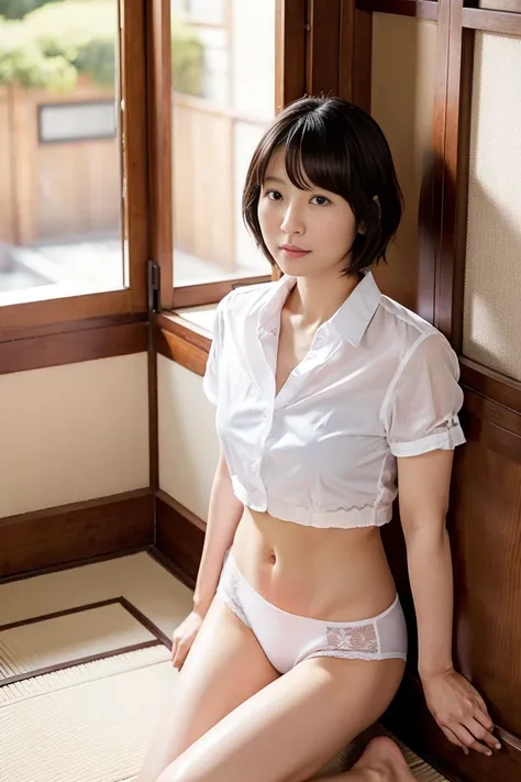 Riho Yoshioka、35-year-old Japanese woman with small breasts and short black hair、Open chest shirt with white underwear、