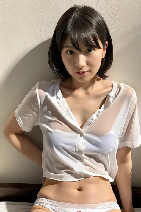 Riho Yoshioka、35-year-old Japanese woman with small breasts and short black hair、Open chest shirt with white underwear、