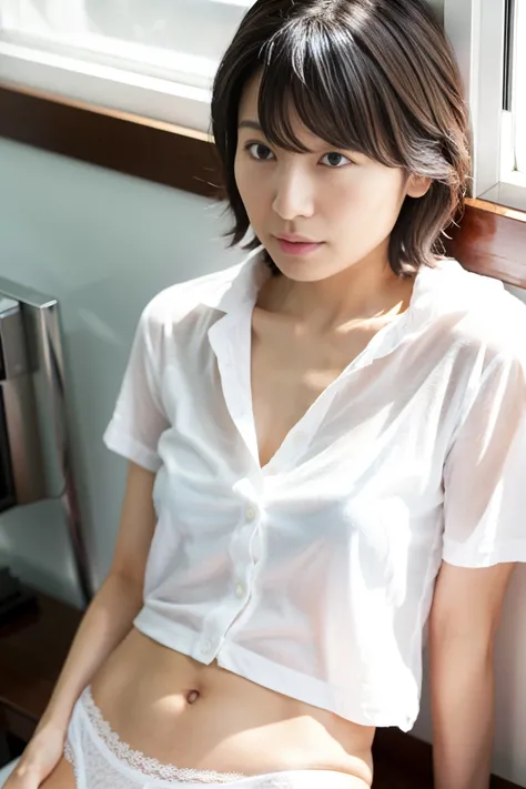 Riho Yoshioka、35-year-old Japanese woman with small breasts and short black hair、Open chest shirt with white underwear、