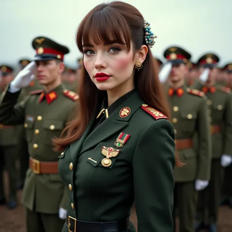 25-year-old woman, brown hair, with bangs, green eyes, white complexion, Russian ethnicity, fine and delicate features, kind, wearing a suit composed of a jacket full of military medals, and a black skirt, in a large field full of soldiers saluting respect...