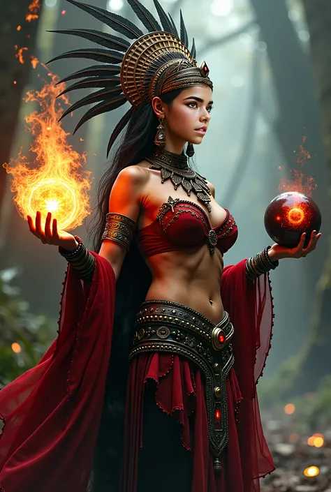 Shirtless Aztec sorceress with medium breasts wearing crimson-red and black with untattooed Aztec head adornment with magic flame on one hand and the other hand surrounded by a globe of darkness