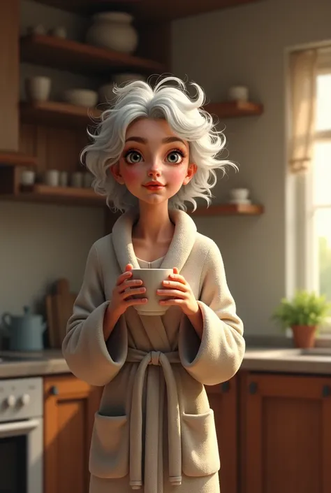 A small woman of 1 ,60 m,  with white hair, wavy, messy and tired in a bathrobe is standing in the kitchen with a cup of coffee in her hand.