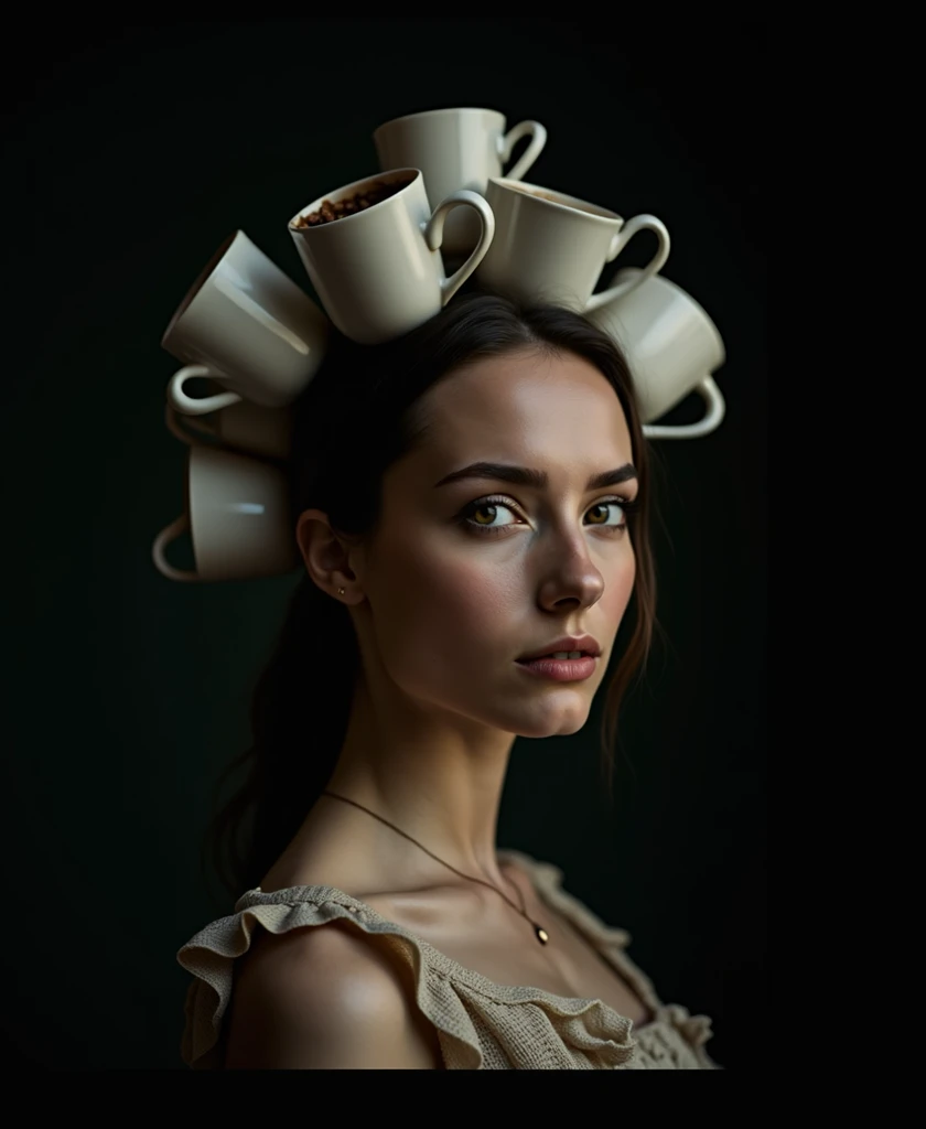 Generate a realistic photograph in American format of a woman with a Tronie style in low key.  The photograph must be mysterious with realistic and surreal objects in her clothing and on her head.  The woman must have an expression and enigmatic and with m...