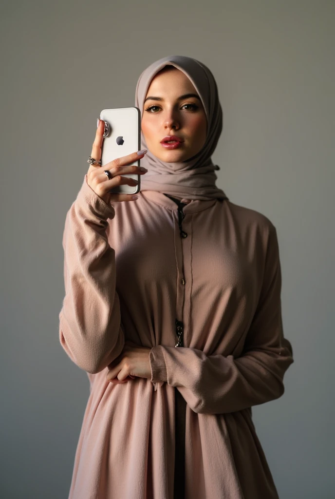 The image is a selfie on iphone, she is wearing a hijab, young, youthful, , ager, , tight abaya, half body shot, covered hair