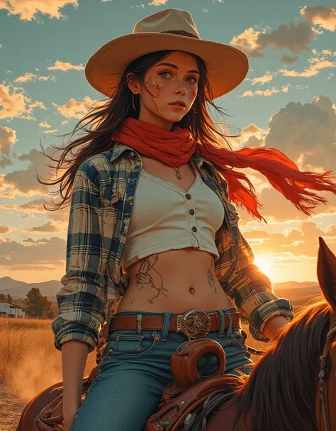 ((cowgirl)), long beautiful hair, ((under boob)), (white button up crop top), flannel, anime girl, ((small boobs)) dusty, farm, epic clouds, back lit, (beautifully detailed face), beautiful abs, dripping wet, (tall), (long torso), seductive clothes, seduct...