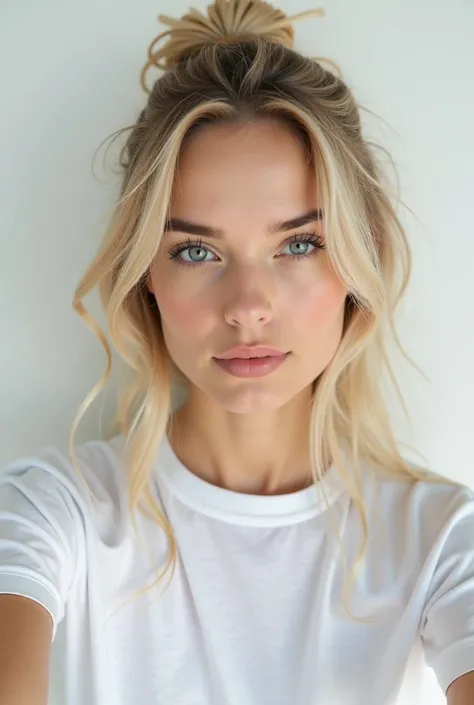 22 year old sexy blonde woman,  blue eyes,   pretty face,  upper body close-up .   white t-shirt, Selfie,  Instagram template 