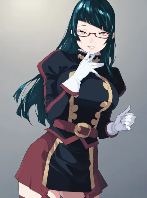 At livingroom, sexy pose, masterpiece,best quality,mature female,
azuma_maia,1girl,glasses,long hair,solo,breasts,gloves,yellow eyes,large breasts,thighhighs,black hair,looking at viewer,bangs,white gloves,skirt,red-framed eyewear