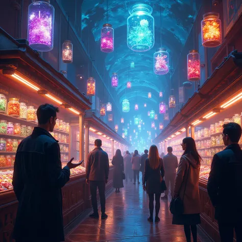 A futuristic bazaar selling emotions bottled in jars, with vendors shouting prices while holographic projections of joy, sorrow, and rage swirl above them.