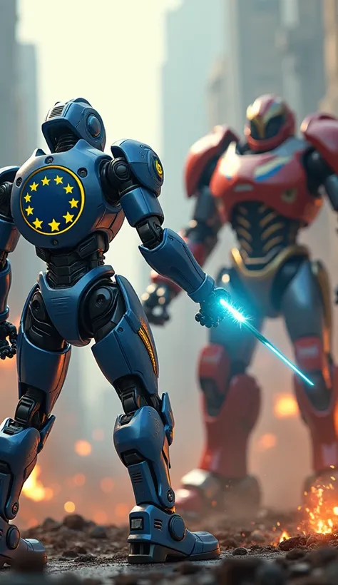 A dramatic futuristic battle scene featuring two powerful war robots, one representing the European Union and the other representing Russia. The European Union robot is sleek and advanced, with a metallic blue and gold color scheme inspired by the EU flag....