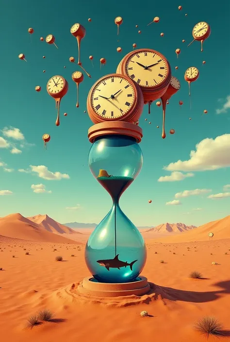  Image with the following details : 1. In the sky melted clocks like the work of Salvador Dali 2 . A desert 3 .  In the center of the desert an hourglass full of water and inside a shark 