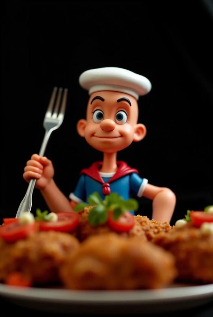 Create an image with a black background of Popeye Marino in a doll version with a fork in his hand and the chicken a la Broaster 