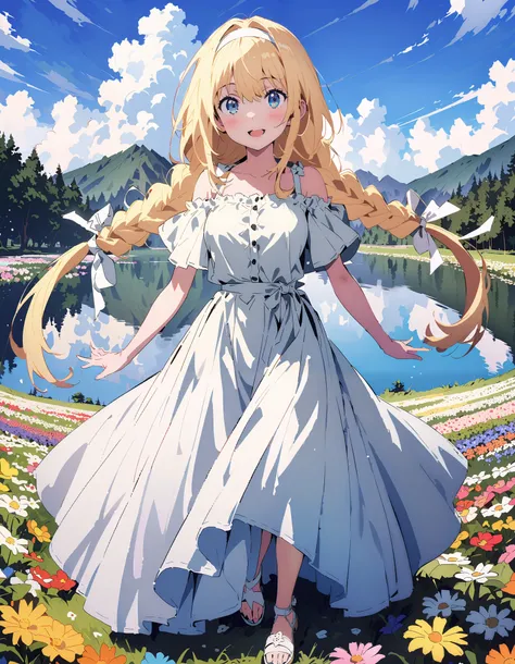 Alicesburg,  Alice Sberg , Alone,bangs,  blue eyes,   blond hair,  smile,blush, open your mouth, hair between eyes, Very long braids,  single braided , headband, white  headband,yellow off-the-shoulder dress,Medium breast, white long skirt, cute heeled san...