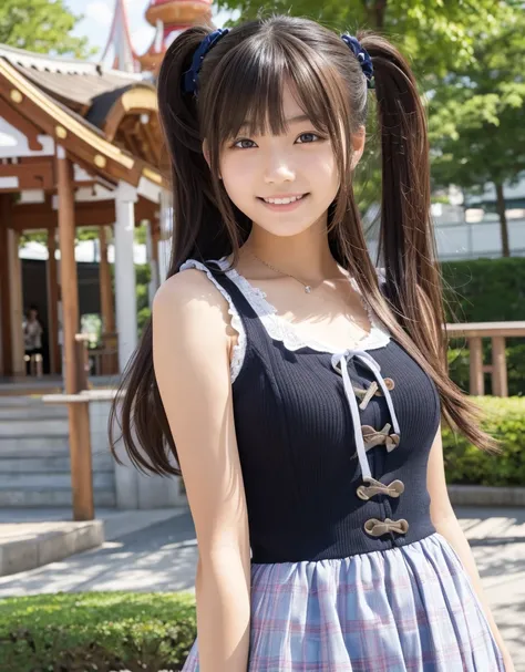  柔らかく温かい雰囲気のとても可愛らしい female middle school student、The most beautiful girl in Japan,　 Best Smile、Sleeveless Gothic Lolita Mini Dress 、 female middle school student, Summer vacation, Amusement Park，one girl,  break,  Very realistic skin texture、 masterpiece、...