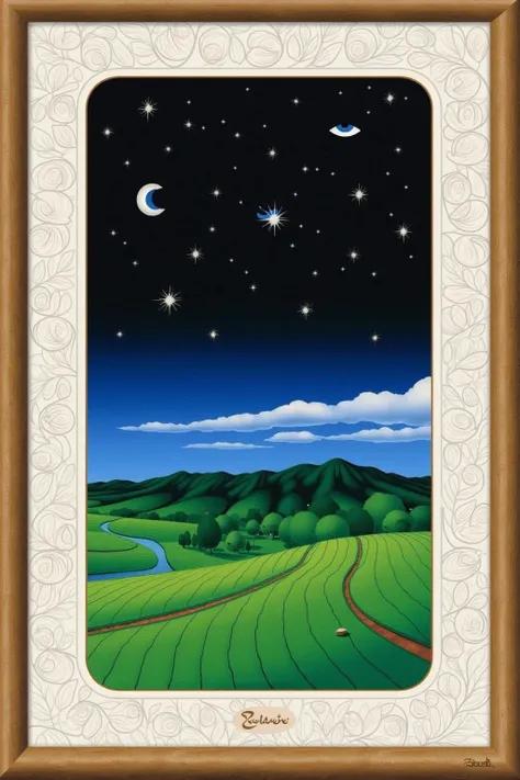 Okinawan style painting of a valley with starry skies framed in thick white border with intricate detail in the 1970s