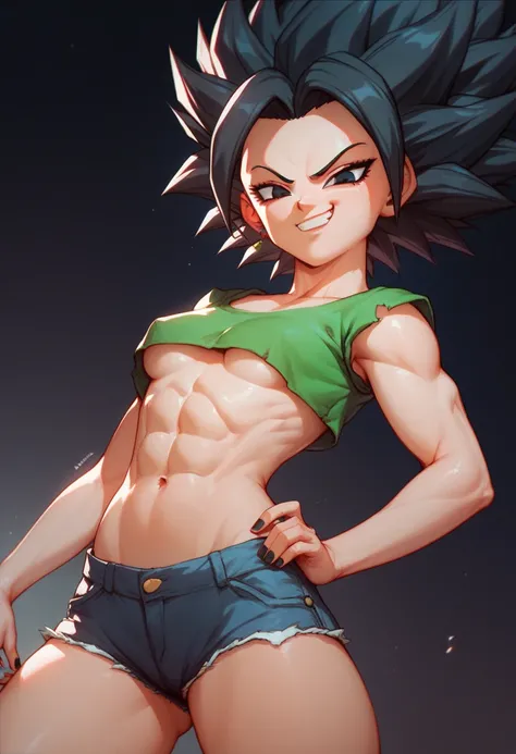 Anime style dragonball super , Caulifla , solo 1girl, smug face,  black hair ,small breasts ,underboobs,   micro-shorts . Tighighs , dark background 