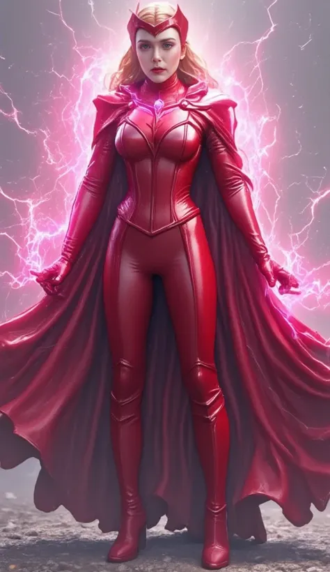 Scarlet Witch, frontally, wearing her iconic costume, 