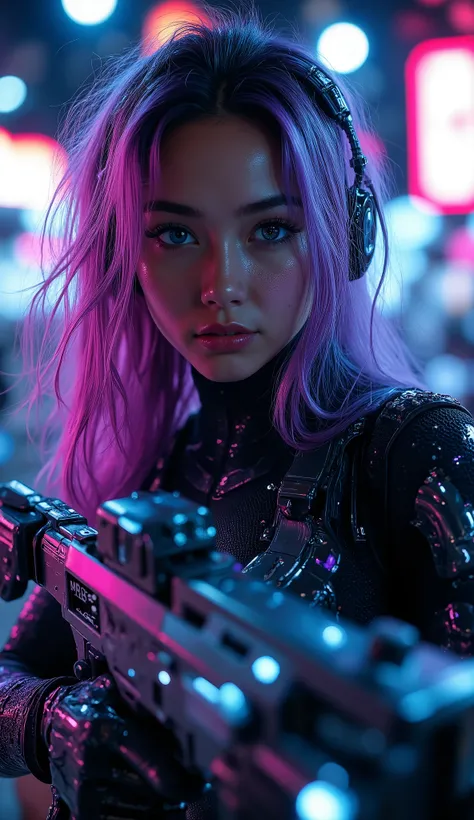 A hyper realistic cinematic close-up of a woman in her mid-20s with long, wavy hair dyed in shades of purple and pink. She’s wearing a form-fitting cybernetic suit with glowing circuits and a high collar. Her eyes are a striking mix of natural and augmente...