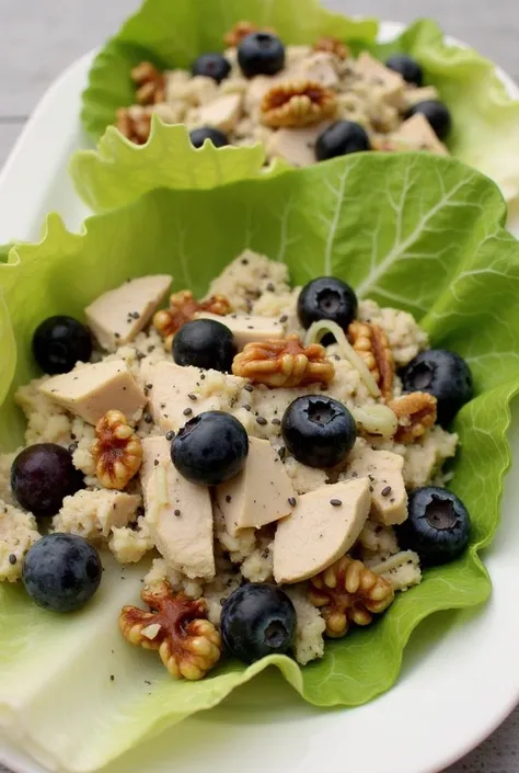  If you are a salad lover, here is a very easy ,  “Chicken salad ,  Cranberry and Walnut”

Ingredients :

 Chicken breast cooked and in pieces
Dried blueberries
Walnuts
Lettuce leaves
Chia seeds 
Chopped parsley (optional)
Creamy dressing  (optional)
Prepa...