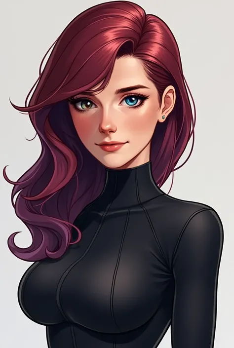 More versions of this character and change her eye color to "hazel" and her description is: It&#39;s a woman, drawing with soft lines ,  the cartoon is for a virtual comic book .  The woman is of European descent ,  is white and has dark red hair with some...