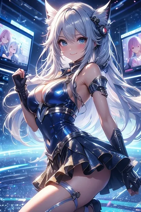 （（（ＳＦＷ、Precision、Highest quality、A first-class masterpiece、Normal body、8k、  Detailed Face 、Ultra-precision、 Normal hand、５refer to、Highest）））、 Beautiful Girl、 Silver Hair、Cyber Ready、 Hi-leg Pitch Reciber Suit、Hi-leg Pitch Reciber Bondage 、Front center slit...