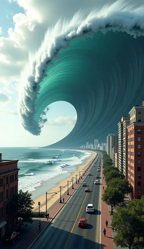 A city on the edge of the beach, With a gigantic wave to hit the beach, people and cars on the streets.