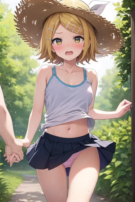 ((best quality)), ((masterpiece)), (detailed), 1girl 。 Kagamine Rin。((moving composition))。Insect collection。Insect cage。Bug net。 straw hat。sweat。sweatでブラが透ける。Running on the Prairie 。The skirt is rolled up and the panties and bra are visible。