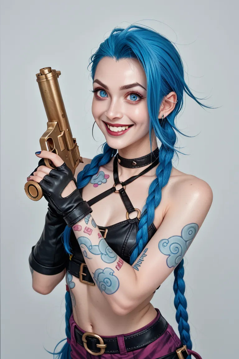 Jinx league of legends, big eyes, smile, linguere, holding guns, high resolution