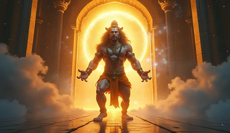  The scene could be set in a sacred temple ,  with a golden and illuminated background ,  conveying the sense of divinity and protection .  at the city centre, narasimha, The half-man form ,  half lion of Vishnu ,  is in a position of power and action .  H...