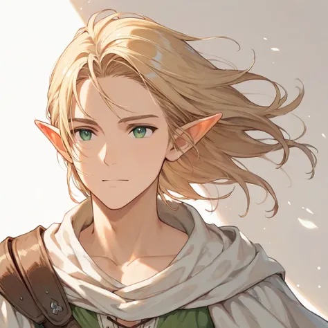 1boy , upper body only,Chest Wind,Elf, medieval fantasy style ,Medium-long blonde hair, green eyes, robe, has a white background,