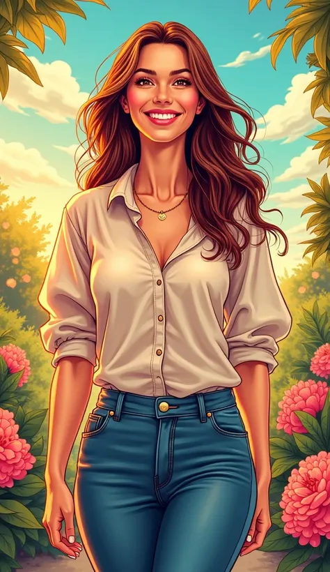 A comic book style image of an adult American woman, radiating happiness and a sense of accomplishment. She is dressed in casual and tasteful clothing, such as a blouse and jeans, with a friendly and approachable appearance.  The background is vibrant and ...