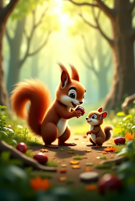 Sammy collecting acorns, making new friend in the forest