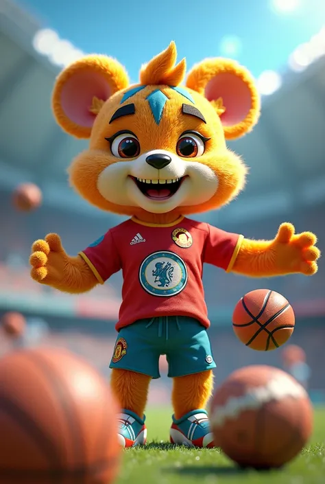 Mascot with balls and uniform from various sports