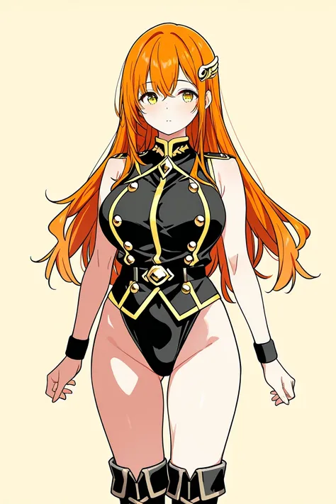 BEST QUALITY, ULTRA DETAILED, PERFECT ANATOMY, HIGH DEFINITION, INTRICATE DETAILS, ALONE, a beautiful and well-endowed young woman, with long hair and an ornament on the right side. Orange hair, yellow eyes, black pupil, size F breasts. She wears a militar...