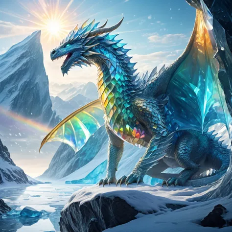  A medium-sized young crystal dragon ,  next to a cave in an ice mountain ,  in the sky an ice storm with the Sun standing out and reflecting its light on the dragon's scales, forming a colored prism  ( masterpiece),   borrowed letter ,  highres, 4K, 8k,  ...