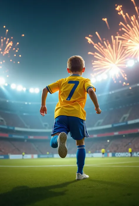 Create an image of A  playful boy coming towards the camera, in a breathtaking move, scoring a goal with a beautiful football suit, shirt lemon and blue short, both number 7 into a shining stadium surrounded by fireworks and mythical lights in european fie...