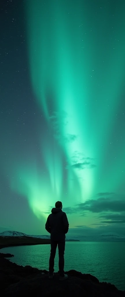 Man looking at an aurora borealis in Iceland 