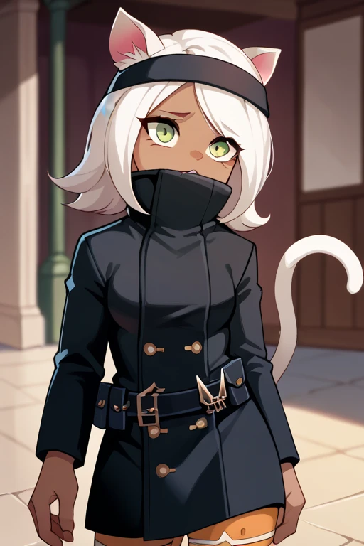 2D, score_9, score_8_up, score_7_up, BREAK, 1girl, solo, Whisk, white hair, cat ears, tail, green eyes, black trenchcoat, belt