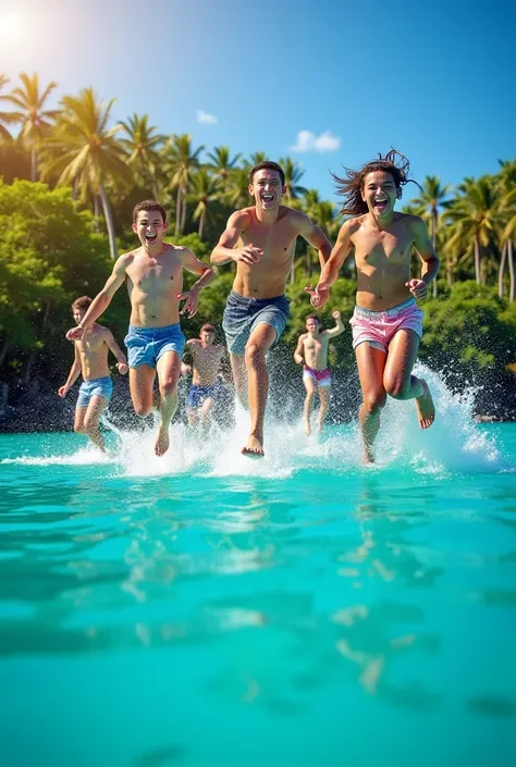 Create me high quality summer pictures in Bali and real people jumping in water 